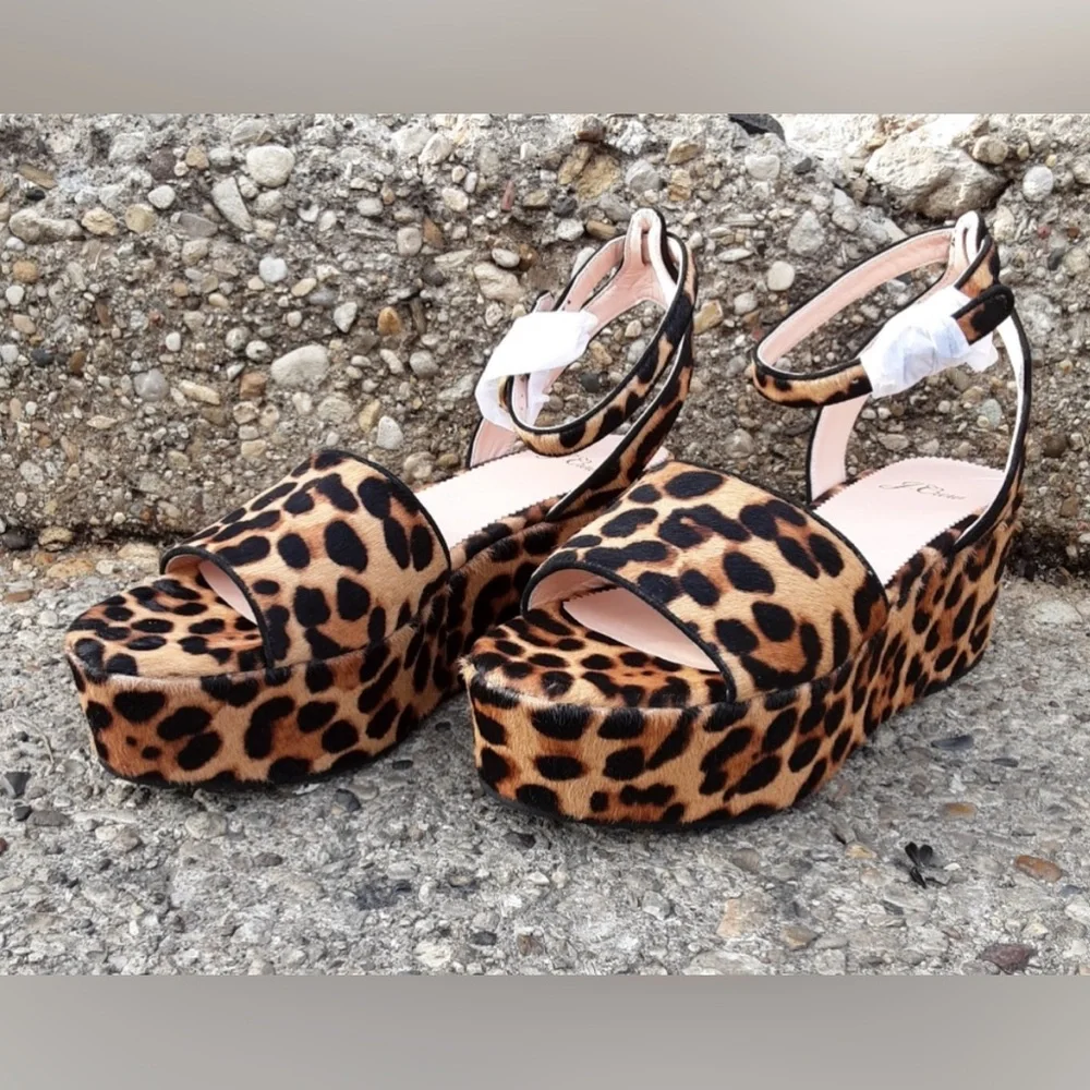 J.‎ Crew NWT Calf Hair Leopard Print Platform Flatform Sandals